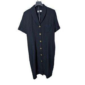 Collectibles Vintage Black Rayon Midi Dress Gold Buttons Shawl Collar Size 12